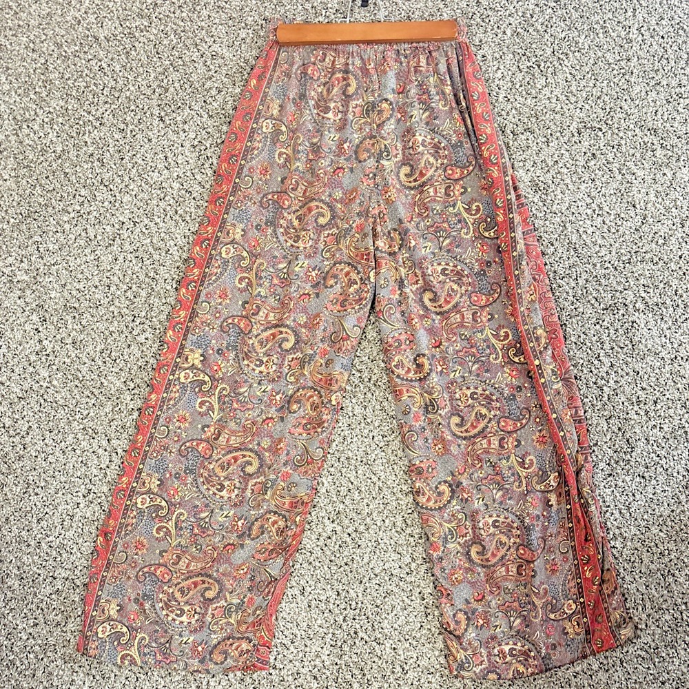 Cienna Pants Women S Silk Poly Blend Gold Red Floral Paisley Wide Leg Pants Boho - Picture 8 of 16